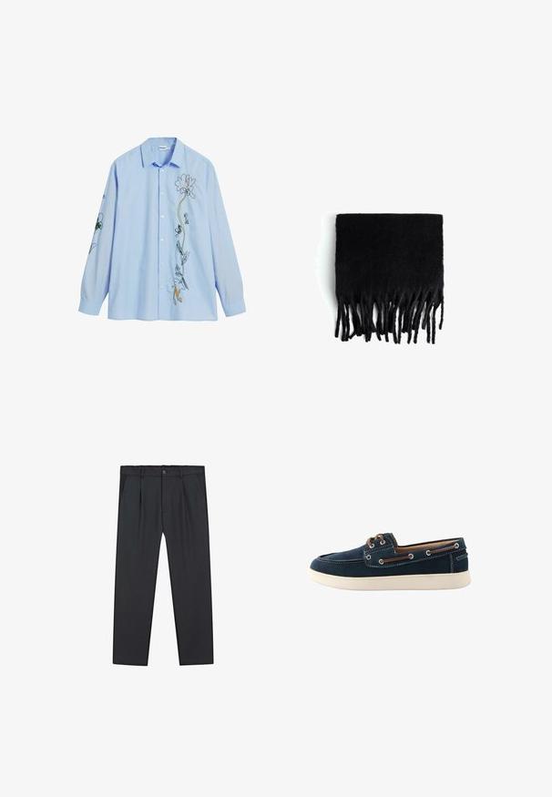 Světle modrá košile na knoflíky s květinovou výšivkou v různých barvách na přední straně a rukávech. Vyrobena z měkké látky s volným střihem.; Černé kalhoty s rovnými nohavicemi z lehké látky, s knoflíkovým zapínáním, plisovaným předním dílem a bočními kapsami. Celkově hladký povrch.; Námořnické modré lodní boty vyrobené z textilu, s bílým prošíváním a gumovou podešví. Mají hnědé tkaničky a nýty. Zaoblený design špičky.; Černý šátek s třásněmi vyrobený z měkkého, vlně podobného materiálu. Má dlouhé, nepravidelné třásně po spodním okraji. Obdélníkový tvar.