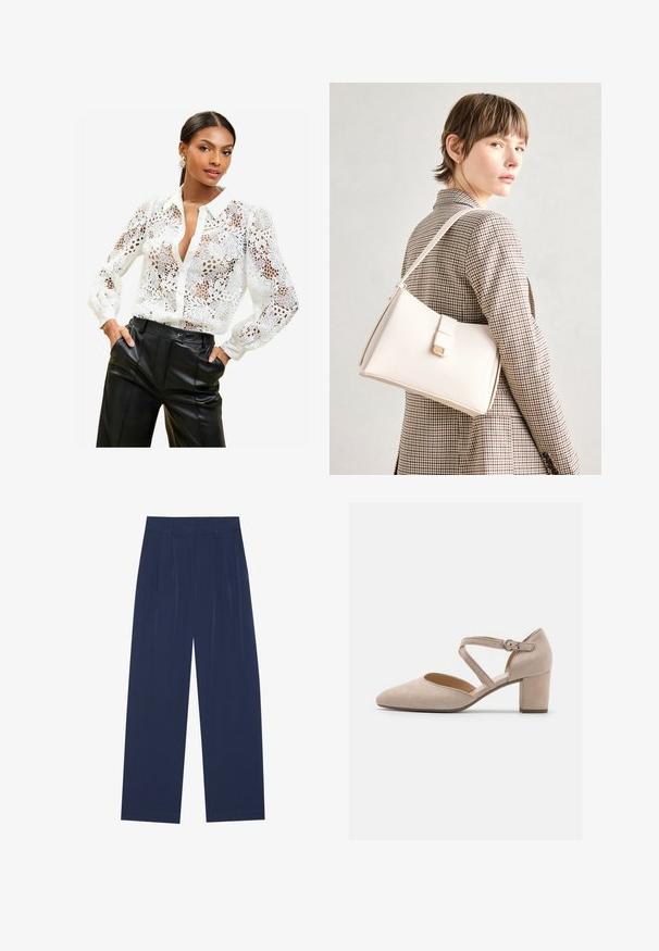 Biała koronkowa bluzka z kwiatowymi wzorami, kołnierzykiem i zapięciem na guziki. Przezroczysty materiał z długimi rękawami i marszczonymi mankietami.; Granatowe spodnie o szerokich nogawkach, wykonane z miękkiego materiału, z przodem w kant, gładką fakturą i prostym krojem bez widocznych kieszeni.; Beżowy zamszowy but na obcasie z ostrym noskiem, z krzyżującym się paskiem i regulowanym zapięciem. Obcas blokowy i gładkie wykończenie wnętrza.; Biała skórzana torebka o strukturalnym wzorze, z magnetycznym zapięciem i paskiem na ramię, zaprezentowana na neutralnym tle.