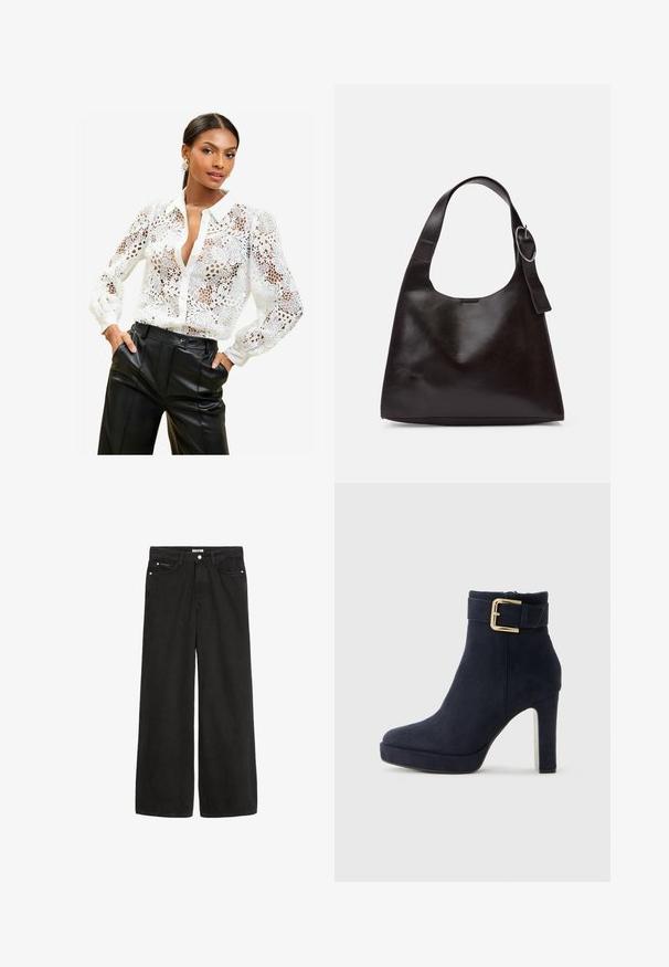 Blusa bianca in pizzo con motivi floreali, colletto e chiusura con bottoni. Tessuto trasparente con maniche lunghe e polsini arricciati.; Jeans in denim nero a gamba larga con vita alta. Presentano cinque tasche, accessori metallici e una finitura pulita. La texture è liscia e morbida.; Stivale alla caviglia in suede nero con tacco a spillo, dotato di una fibbia dorata e un tacco massiccio, su sfondo bianco semplice.; Borsa a spalla in pelle marrone con una texture liscia, forma arrotondata, ampia tracolla e un accento metallico circolare sul manico.