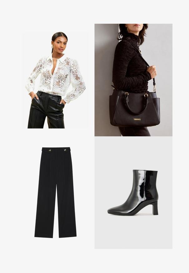 Hvid blonde bluse med blomster mønstre, krave og knaplukning. Gennemsigtigt stof med lange ærmer og samlede manchetter.; Sorte vide bukser med høj talje, knapdetaljer på taljebåndet og frontfald.; Sort lakeret ankelstøvle med spids tå og en midt-højde blokhæl. Glat tekstur og minimalistisk design.; Sort håndtaske med struktureret overflade, dobbelt topbærere og justerbar skulderrem. Udstyret med guldfarvet metalhardware og sidelommer.