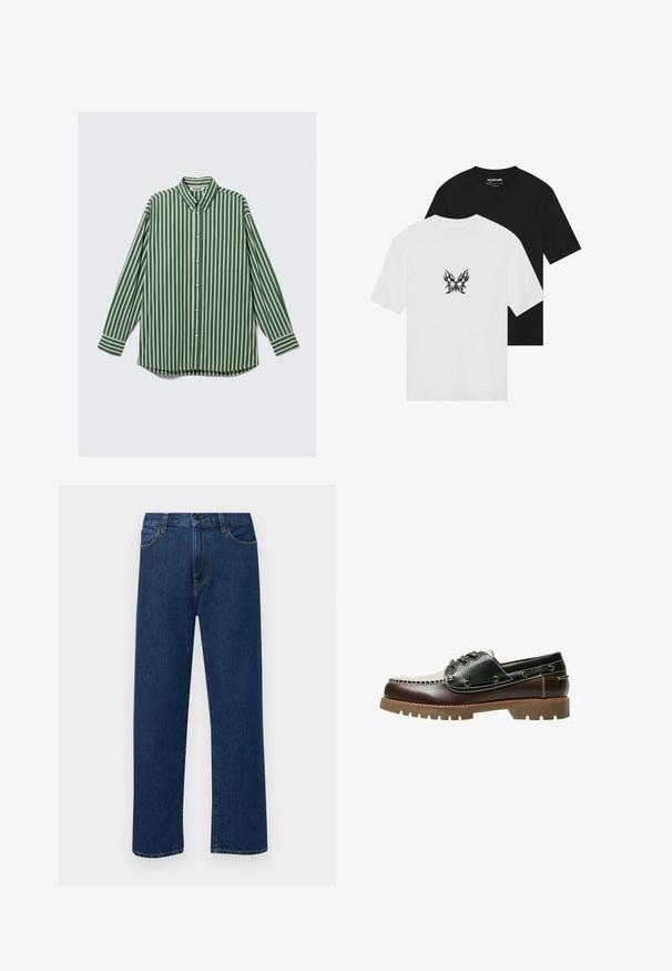 Camicia da uomo a maniche lunghe con bottoni, a strisce verticali verdi, bianche e marroni, con taschino sul petto e colletto abbottonato.; T-shirt a maniche corte in nero e bianco, con una grafica di farfalla a motivo fiamma sul davanti della maglietta bianca. Materiale in cotone.; Jeans in denim di un blu scuro a gamba dritta con tasche anteriori e chiusura con bottone, esposti su uno sfondo bianco semplice.; Scarpa da barca in pelle marrone e nera con lacci, cuciture a contrasto e suola in gomma texturizzata. Presenta occhielli in metallo e punta arrotondata.