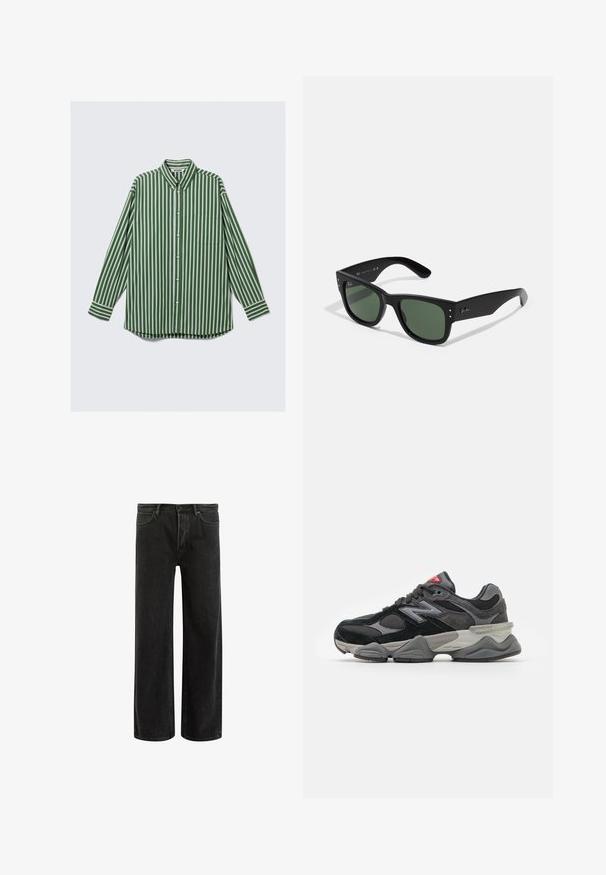 Camicia da uomo a maniche lunghe con bottoni, a strisce verticali verdi, bianche e marroni, con taschino sul petto e colletto abbottonato.; Jeans wide-leg in denim nero con vita alta, caratterizzati da un classico design a cinque tasche e da un leggero sbiadimento per un aspetto testurizzato.; Sneaker nera e grigia con un mix di materiali in suede e mesh, suola spessa, logo prominente e accento rosso sulla linguetta.; Occhiali da sole neri rettangolari con lenti verdi, finitura opaca, dettagli hardware discreti e logo impresso sulla tempia.