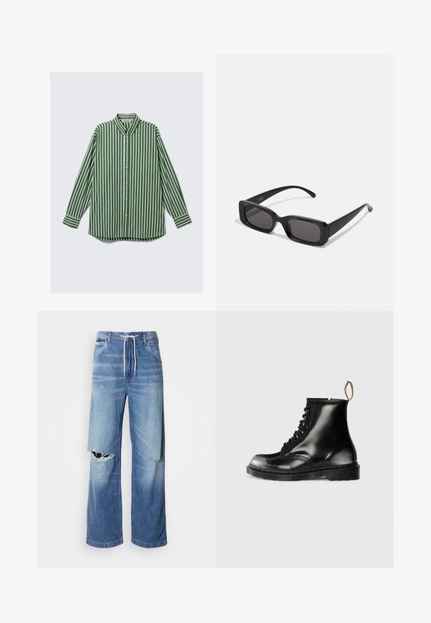 Miesten pitkähihainen nappikauluspaita, jossa on pystysuorat vihreät, valkoiset ja ruskeat raidat, rintatasku ja nappikaulus.; Vaalean siniset farkut, joissa on avara leikkaus, valkoisella kiristysnauhalla vyötäröllä ja selkeät repeämät etuosassa, jotka paljastavat rispaantuneita reunoja.; Mustat nahka nilkkasaappaat kiiltävällä pinnalla, kahdeksan reikää, mustat nauhat ja vetolenkit. Ominaisuuksiin kuuluu teksturoitu, uritettu pohja.; Mustat suorakaiteen muotoiset aurinkolasit, joissa tummat linssit, kiiltävä pinta, leveät sangan varret ja massiivinen kehysmuotoilu. Yhden sangansivun kaiverrettu brändinimi.