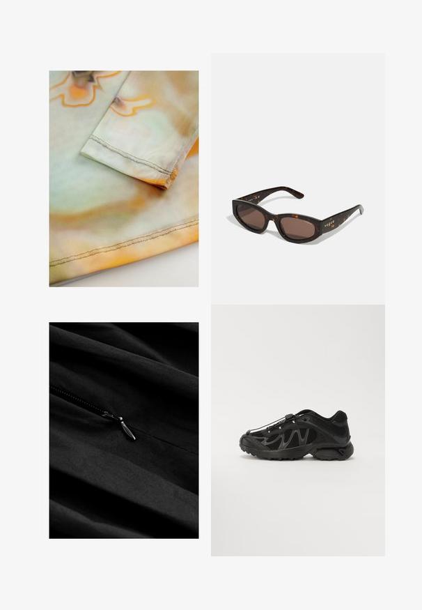 Zacht, lichtgewicht stof met een golvend oranje en groen patroon. Beschikt over een keurig gestikt zoom langs de rand van de mouw.; Zwarte stof met subtiele textuur, voorzien van een ritssluiting. De rits heeft een metalen trekker, geplaatst tegen een gladde, hangende stof.; Zwarte sportieve schoen met een bovenwerk van mesh, een gebogen ontwerp en een rubberen zool. Voorzien van elastische veters en gestructureerde accenten voor grip.; Bruine schildpadzonnebril met een rechthoekige vorm, donkerbruine lenzen en gouden 'vogue'-branding op de pootjes.; Geel geplooide handtas van soepel nepleer, met een zachte vorm, een enkele schouderriem en een verzameld ontwerp aan de bovenkant.