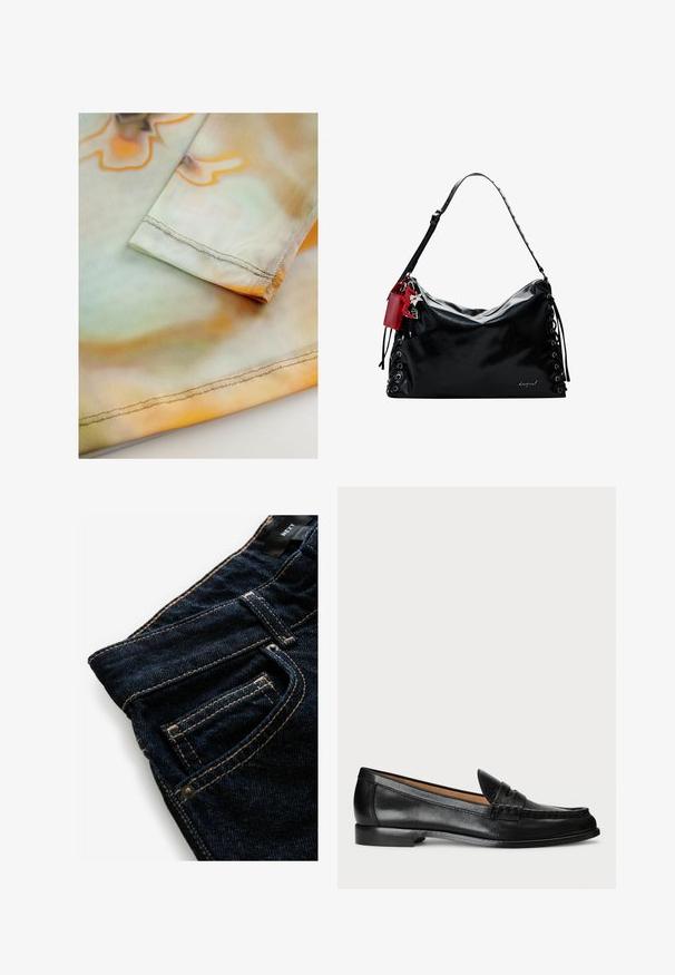 Țesătură moale, ușoară, cu un model ondulat portocaliu și verde. Prezintă un tiv cusut cu grijă de-a lungul marginii mânecii.; Polo de culoare gri, cu mânecă lungă și guler bej, cu dungi orizontale maroon și albe, cu trei nasturi și manșete cu nervuri.; Jeans din denim de un albastru închis, cu cusături portocalii contrastante, având un buzunar frontal, detalii cu nituri și o textură netedă.; Lauren Ralph Lauren WYNNIE - Pantofi slip-on - black; Geantă de mână din piele neagră, cu un design lejer, detalii cu șireturi pe laterale și o etichetă de accent roșie. Prezintă o curea lungă, ajustabilă.