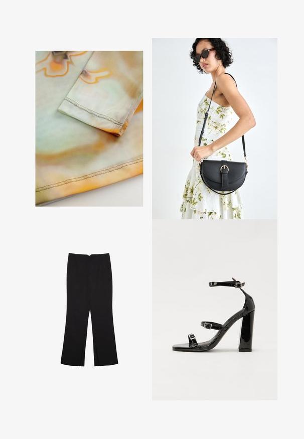 Soft, lightweight fabric with a wavy orange and green pattern. Features a neatly stitched hem along the edge of the sleeve.; Black trousers with a straight fit, featuring front pockets and side slits at the hem. Made of soft, smooth fabric. Suitable for various occasions.; Black patent heeled sandals with a square toe, ankle straps, and silver buckles. Features a chunky block heel for stability.; Black leather handbag with a curved shape, detachable strap, and gold hardware. The bag features a flap with a buckle detail.