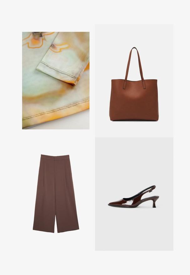 Blødt, letvægtsstof med et bølgende mønster i orange og grønt. Har en pænt syet kant langs kanten af ærmet.; Brune bredbunde bukser med en glat tekstur, der har høj talje og plisseringer foran. Stoffet er let og falder løst.; Brun patenteret læder slingback sko med spids tå og en moderat hæl. Har en spænde rem for en sikker pasform. Glat tekstur.; Brun læder tote taske med en glat overflade, åben topdesign og to skulderremme. Har minimal syning og ingen synlig hardware.