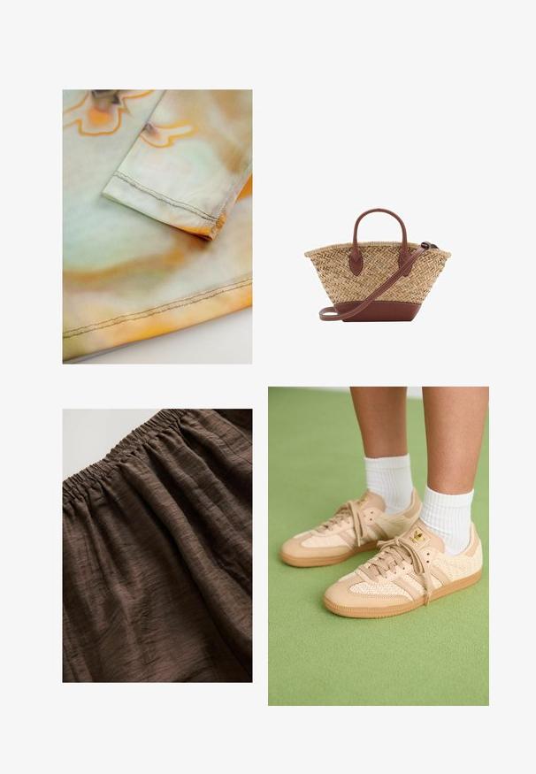 Mehka, lahka tkanina z valovitim oranžnim in zelenim vzorcem. Ima previdno zašito rob na robu rokava.; Rjav elastični pas z teksturirano tkanino, ki ima mehke, gubane plise in bogato, zemeljsko barvo. Primeren za vsakodnevno nošenje.; Noge v bež tkanih Adidas športnih copatih z gumijastimi podplati in belimi nogavicami do gležnjev na zeleni strukturirani talni površini.; Tkanina iz slame s kožnimi detajli v rjavi barvi, dva ročaja in snemljiv trak. Ukrojena oblika z trdnim dnom.