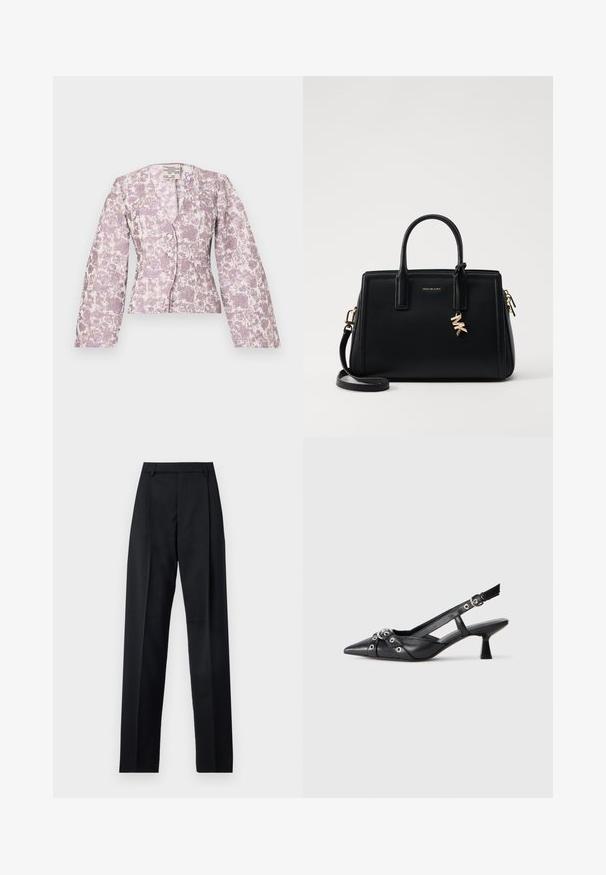 Baum und Pferdgarten MILLIE - Μπλούζα - golden/purple; Μαύρο παντελόνι φτιαγμένο από λείο ύφασμα με ψηλή μέση, φαρδιές γάμπες, πλάγιες πιέτες και κλασσικές θηλιές ζώνης. Δεν υπάρχουν ορατές πλαϊνές τσέπες.; Μαύρο δερμάτινο παπούτσι slingback με μυτερή μύτη, διακοσμητικές λωρίδες με μεταλλικά μάτια και χαμηλό μπλοκ τακούνι. Υφή επιφάνειας.; Μαύρη δερμάτινη τσάντα χειρός με δομημένο σχέδιο, διπλές λαβές στην κορυφή, αποσπώμενος ιμάντας ώμου, χρυσά αξεσουάρ και διακοσμητικό λογότυπο.