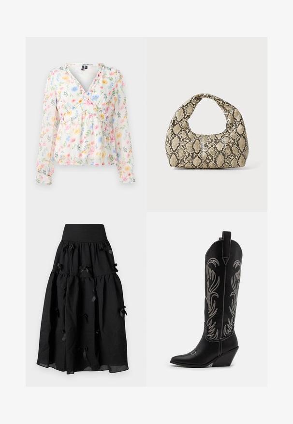 Gėlėtas bliusonas su ilgomis rankovėmis, lengva permatoma medžiaga, V formos iškirptė, smockuotis juosmuo ir ryškios gėlių raštai rožinės, mėlynos ir geltonos spalvų.; Sister Jane BIRDIE BOW MIDI SKIRT - Trapecinis sijonas - black; Juodi oda kaubojiški batai su smailiu nosiu, stulpeliu ir sidabriniais siuvinėti gėlių raštais palei šoną. Kontrastingas siuvinėjimas visoje bato dalyje.; Gyvatės rašto rankinė su kreiviu rankenėle. Pagaminta iš tekstūruotų smėlio ir rudos spalvos medžiagų, su išskirtiniu rombo raštu.