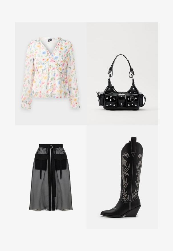 Bluză cu print floral, cu mâneci lungi, dintr-un material ușor și transparent, cu decolteu în v formă, talie smockată și modele colorate de flori în nuanțe de roz, albastru și galben.; Fustă neagră transparentă cu un talie plisată, având două buzunare mari în față, un cordon pentru talie și un accent metalic circular.; Bocanci de cowboy din piele neagră, cu vârfuri ascuțite, toc wedge și modele florale brodate cu fir argintiu de-a lungul tijei. Cusături în contrast pe întreaga suprafață.; Geantă de piele neagră cu un design curbat, dotată cu studuri argintii, o cataramă și două buzunare laterale. Curea ajustabilă pentru opțiuni de transport.