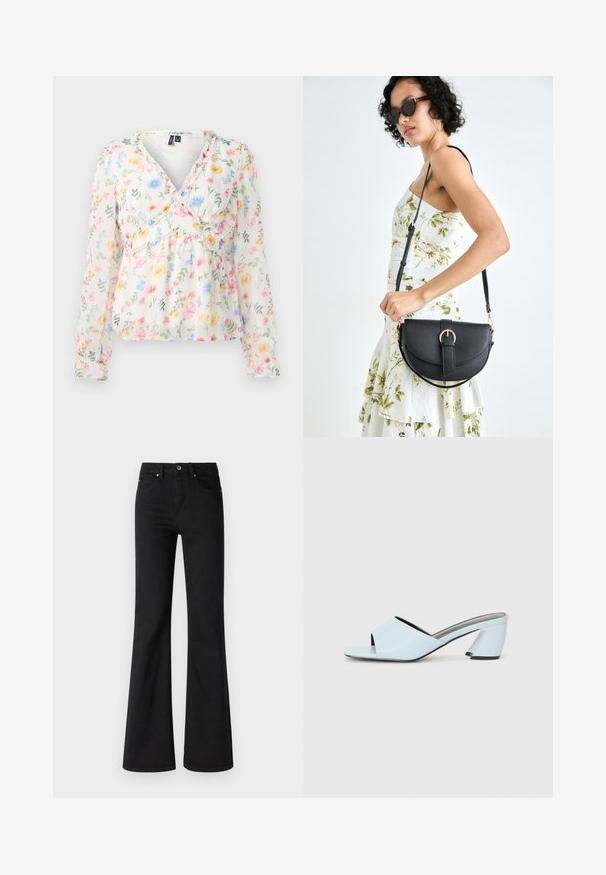 Blúzka s kvetinovým vzorom, dlhé rukávy, ľahká priesvitná látka, výstrih do V, naťahovací pás a farebné kvety v ružovej, modrej a žltej farbe.; Čierne rozšírené džínsy z denimu s vysokým pásom, obsahujúce päť vreciek, predný gombík a zips, hladká textura.; Svetlomodré otvorené štýlové sandále na vysokom opätku s geometrickým dizajnom, s širokým pásom cez nohu a masívnym, ostrým opätkom.; Čierna kožená kabelka s zaobleným tvarom, odnímateľným popruhom a zlatými doplnkami. Kabelka má klopu s detailom s prackou.