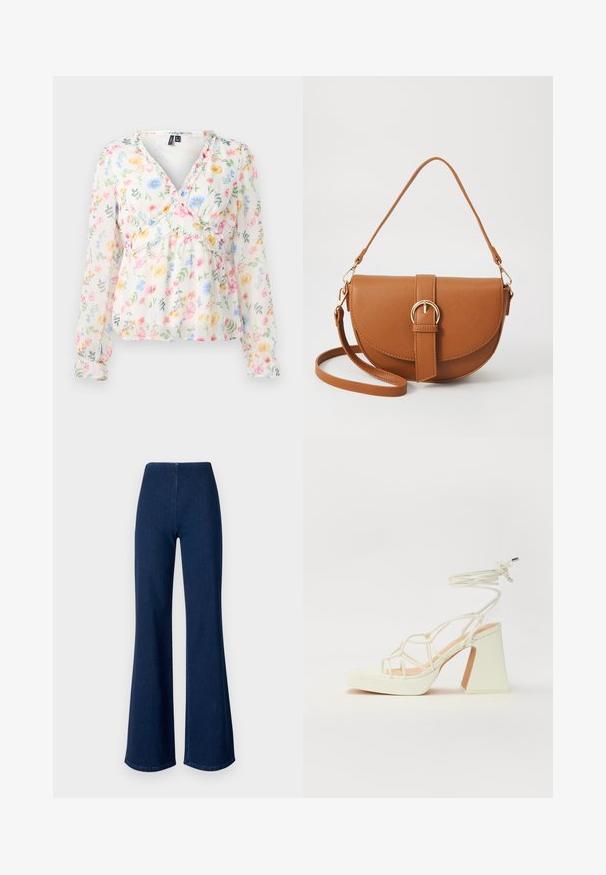 Florale Bluse aus leichtem, durchsichtigem Stoff mit pastellfarbenen Blumen und grünen Blättern. V-Ausschnitt, lange Ärmel mit gerafften Bündchen und Rüschendetails.; Dunkelblaue, aus Denim gefertigte Schlagjeans mit elastischem Bund. Sie zeichnen sich durch eine glatte Textur und ein weites Beindesign bis zum Saum aus.; Weiße High-Heel-Sandale mit einem klobigen Absatz, die über ein Riemchendesign und ein Knöchelband verfügt. Glatte Textur mit einer Plattform vorne für zusätzliche Höhe.; Braune Leder-Crossbody-Tasche mit geschwungener Form, goldfarbenen Beschlägen und einer Schnallenakzentuierung. Verfügt über einen abnehmbaren Schultergurt.
