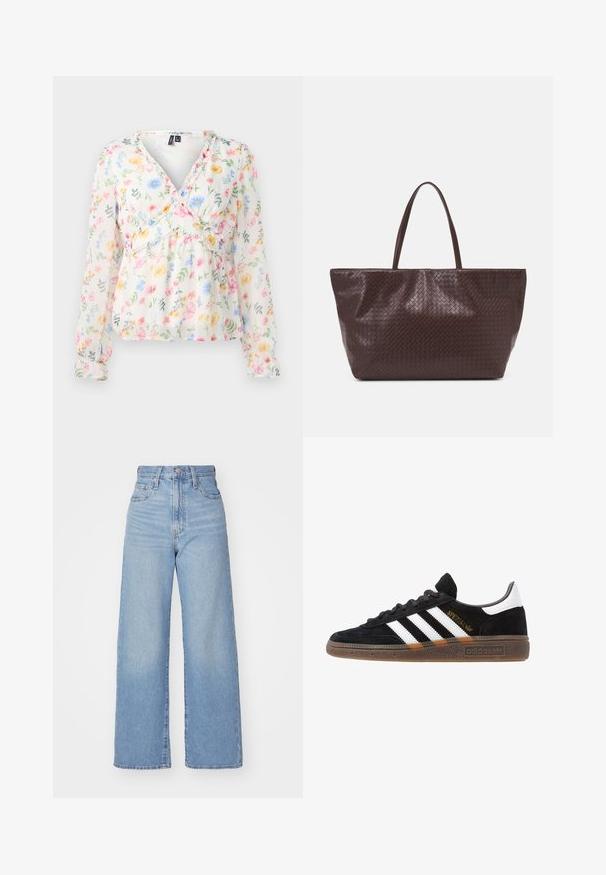 Ziedu raksta blūze ar garajām piedurknēm, viegla caurspīdīga auduma, V-veida izgriezums, smockotā josta un krāsaini ziedu motīvi rozā, zilā un dzeltenā krāsā.; Gaiši zili augstās jostas vidukļa platās bikses ar priekšējo pogu un rāvējslēdzēju, priekšējām un aizmugurējām kabatām uz baltā fona.; Melnas Adidas sporta kurpes ar baltām svītrām, zelta "Spezial" uzrakstu, gumijas zoli un baltu papēža daļu, attēlotas profila skatījumā.; Brūna austs ādas rokassoma ar divām rokturiem, strukturētu formu un teksturētu virsmu, ar diagonālu rakstu visā virsmā.