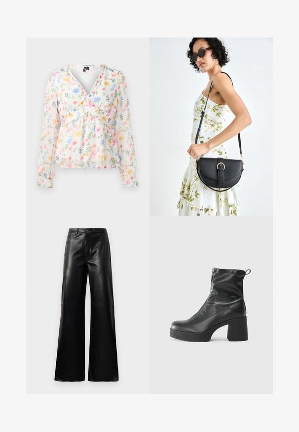 Blusa floreale con maniche lunghe, tessuto leggero e trasparente, scollatura a V, vita arricciata e motivi floreali colorati in rosa, blu e giallo.; Pantaloni ampi a vita alta in ecopelle neri con bottone frontale, chiusura con zip, passanti per cintura e tasche laterali su sfondo bianco.; Stivali neri alla caviglia in pelle liscia, con zip laterale, tacco spesso e texture, e punta arrotondata.; Borsa a tracolla nera in pelle con una forma curva, manico rimovibile e accessori dorati. La borsa presenta una patta con un dettaglio a fibbia.