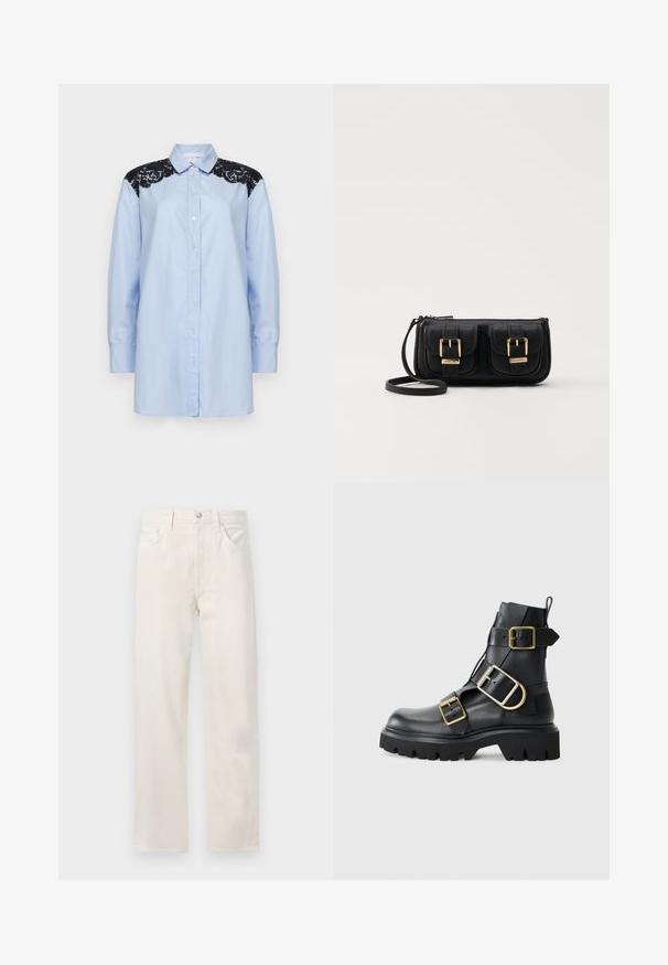 Light blue button-up shirt with long sleeves, featuring black lace accents on the shoulders and a classic collar. Smooth cotton fabric.; Off-white straight-leg denim jeans with five pockets, belt loops, and a button-and-zip closure at the waist.; Black leather ankle boot with chunky sole, featuring multiple straps and gold hardware accents. Smooth texture, rugged design.; Black leather crossbody bag with two front pockets, gold buckles, zipper closure, and a slim strap. Textured surface and compact rectangular shape.