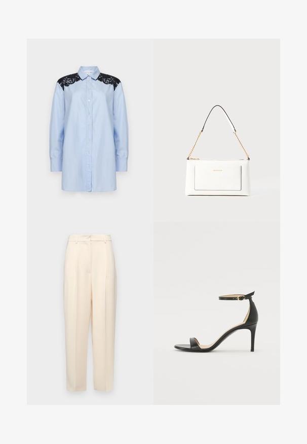 Light blue button-up shirt with long sleeves, featuring black lace accents on the shoulders and a classic collar. Smooth cotton fabric.; Beige tailored trousers with a straight fit, featuring pleats at the front, a smooth texture, and a mid-rise waist. No visible pockets.; Black leather high-heeled sandal with an ankle strap. Features a smooth texture, open toe, and a thin heel. Gold-toned buckle detail.; White leather handbag with a textured finish, featuring a gold chain strap and black accents. Includes a front pocket and zipper closure.