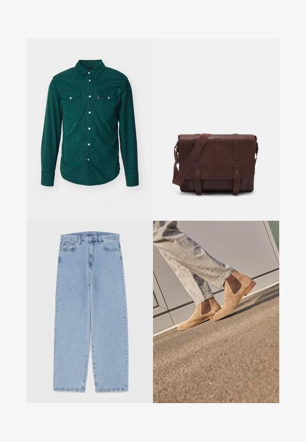 Levi's® BARSTOW WESTERN STANDARD - Camicia - python green; Magliette senza maniche nere in confezione da tre. Texture a coste, scollatura a giro standard. L'orlo presenta un piccolo logo del brand nella parte inferiore.; Jeans in denim azzurro chiaro con design a gamba dritta, caratterizzati da una vita media, cinque tasche e chiusura con bottone e zip.; Stivali Chelsea in camoscio marrone con pannelli elastici laterali e una suola in gomma liscia color tan, abbinati a pantaloni grigi chiari su una superficie texturizzata.; Borsa a tracolla in pelle marrone con un davanti piatto, due cinghie, dettagli in metallo dorato e una tracolla regolabile.