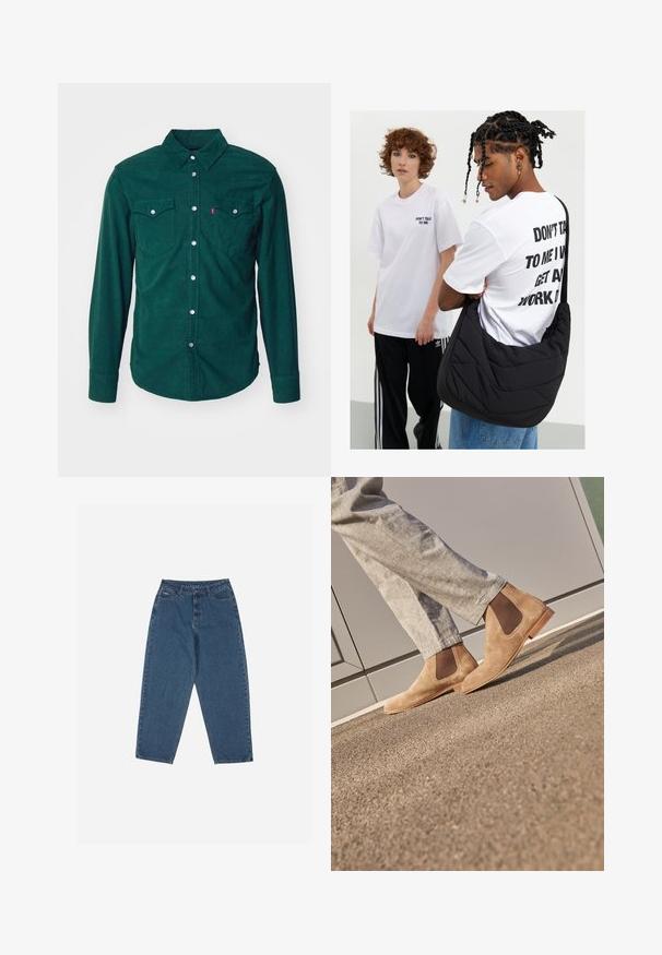 Levi's® BARSTOW WESTERN STANDARD - Cămașă - python green; Tricouri negre fără mâneci, vândute într-un pachet de trei. Textură râscută, decolteu standard tip crew. La tiv se află un mic logo al brandului.; Jeans din denim albastru cu o croială relaxată, talie înaltă, design cu cinci buzunare și accente cusute. Dispune de un sistem de închidere cu buton și fermoar.; Bocanci Chelsea din suede maro, cu panouri elastice pe lateral și o talpă din cauciuc neted de culoare bej, purtați alături de pantaloni gri deschis, pe o suprafață texturată.; Geantă de umăr neagră, matlasată, cu o textură moale, purtată de o persoană îmbrăcată într-un tricou alb cu imprimeu grafic și text îndrăzneț. O ținută lejeră, completată cu blugi.