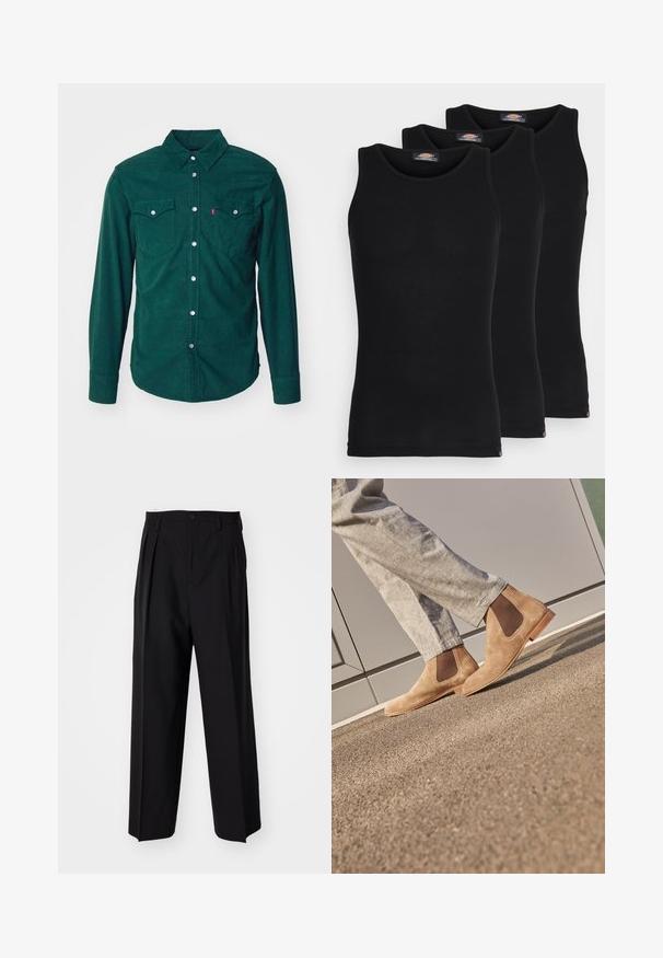 Levi's® BARSTOW WESTERN STANDARD - Overhemd - python green; Zwarte tanktops in een verpakking van drie. Ribbelstructuur, standaard ronde halslijn, zonder mouwen. De zoom is voorzien van een klein merkembleem aan de onderkant.; Zwarte geplooide broeken met een rechte, brede pijpontwerp. Gemaakt van soepele stof, met een knoopsluiting en riemlussen.; Bruine suède Chelsea-boots met elastische zijpanelen en een gladde tan rubberen zool, gecombineerd met lichtgrijze broek op een gestructureerd oppervlak.