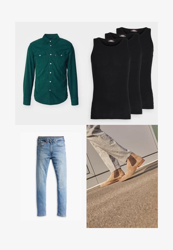 Levi's® BARSTOW WESTERN STANDARD - Chemise - python green; Débardeurs noirs vendus par pack de trois. Texture côtelée, encolure ras du cou standard, sans manches. L'ourlet présente un petit logo de la marque en bas.; Jean en denim bleu clair avec une coupe droite, cinq poches, fermeture à bouton, et une légère décoloration sur le tissu.; Bottines Chelsea en daim marron avec des panneaux latéraux en élastiquem et une semelle en caoutchouc lisse couleur tan, associées à un pantalon gris clair sur une surface texturée.