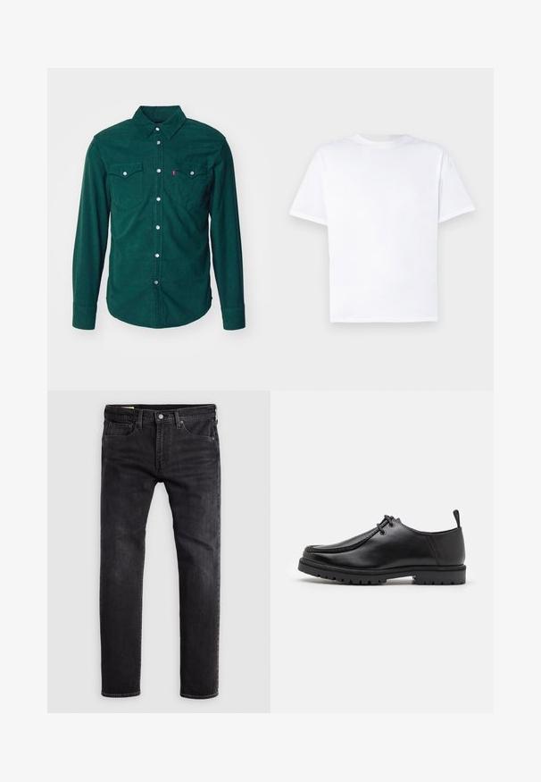 Levi's® BARSTOW WESTERN STANDARD - Shirt - python green; White cotton t-shirt with a crew neck and short sleeves. Smooth texture, straight cut, no patterns or accents. Back view only.; Black denim jeans with a straight cut, featuring five pockets, a button closure, and visible stitching along the seams.; Black leather lace-up shoe with a rugged sole and pull tab at the heel, shown from the side on a white background.