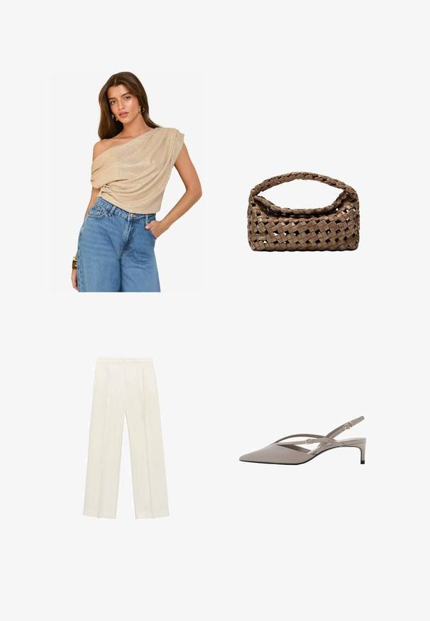 Beige, off-shoulder top met gedrapeerde stof en lichte glans; gecombineerd met high-waisted, lichtgewassen denim jeans. Soepele textuur, relaxte pasvorm.; Wijdgevallen broeken in een lichtcrème kleur. Gemaakt van een zachte stof met plooien aan de voorkant en zijzakken.; Beige slingback hakken met een spitse neus, dunne kruislings gespen en een korte stiletto hak. Zachte stof met accenten van goudkleurig beslag.; Geweven bruine handtas met een rechthoekige vorm, gestructureerd handvat en een textuurrijk oppervlak. Heeft een gesloten bovenkant en een ingewikkeld vlechtpatroon.