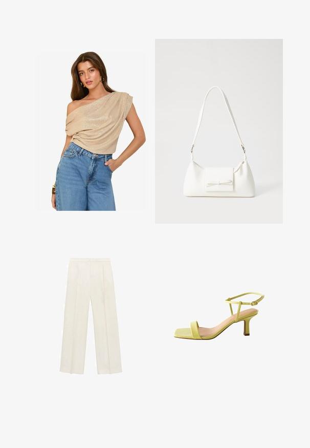 Beige, off-shoulder top met gedrapeerde stof en lichte glans; gecombineerd met high-waisted, lichtgewassen denim jeans. Soepele textuur, relaxte pasvorm.; Wijdgevallen broeken in een lichtcrème kleur. Gemaakt van een zachte stof met plooien aan de voorkant en zijzakken.; Next FOREVER COMFORT REGULAR FIT - Sandalen - lime green; Witte synthetische handtas met een driehoekige vorm, platte voorklep en strikdetail, verstelbare schouderriem, gladde textuur en minimalistisch ontwerp.