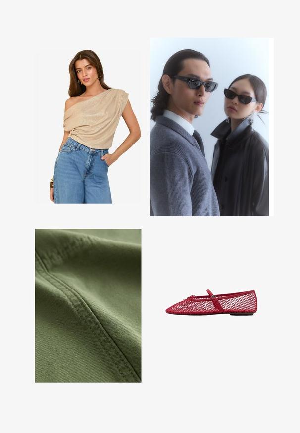 Top beige con spalline scoperte, realizzato in tessuto drappeggiato e con una leggera lucentezza; abbinato a jeans in denim chiaro a vita alta. Texture liscia, vestibilità comoda.; Next Shorts di jeans - khaki green; Ballerine in rete rossa con punta affusolata, dotate di una sottile cinghia e dettaglio a fibbia. La parte superiore presenta un motivo aperto a nido d'ape.; Occhiali da sole con montatura nera angolare indossati da un modello con un maglione grigio, che mette in mostra un tessuto a maglia testurizzato e una giacca di pelle nera indossata da un altro modello.; Borsa a mano in pelle intrecciata marrone con forma arrotondata, doppi manici superiori e texture liscia; presenta cuciture sottili come dettaglio di design.