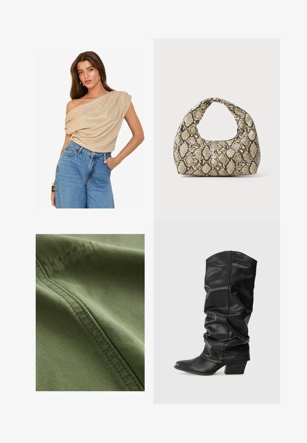 Bezs színű, vállnál nyitott top, drapált anyaggal és enyhe csillogással; magasan ültetett, világos kék farmernadrággal párosítva. Sima textúra, laza fazon.; Next Farmer rövidnadrágok - khaki green; Fekete bőr, térdig érő csizmák laza fazonban, hegyes orral és vastag sarokkal, sima textúrával és minimális varrással.; Kígyómintás kézitáska ívelt fogantyúval. Texturált, bézs és barna anyagból készült, jellegzetes gyémántmintával.
