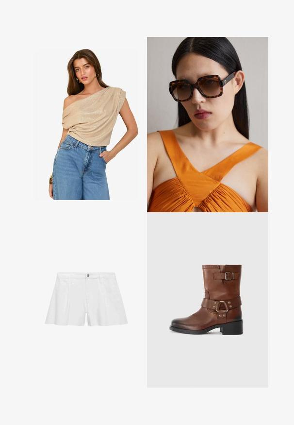 Bež bluzica na jedno rame z drapirano tkanino in rahlim leskom; v kombinaciji z visokim pasom, svetlimi kavbojkami. Gladka tekstura, sproščen kroj.; Bele bombažne kratke hlače s sproščenim krojem, ki imajo sprednje žepke, gumbasto zapiranje in ravne šive za gladek videz.; Rjavi usnjeni gleženjski škornji s zaobljenim nosom, stransko sponko in nizko blok peto. Gladka obdelava s kontrastnimi kovinskimi detajli.; Rjave tortoiseshell ogromne sončne očala z širokim pravokotnim okvirjem in gradientnimi lečami. Zlata logotipna podrobnost na strani.; Rjava suknjena torba z vijugastim dizajnom, podolžnimi naramnicami in velikim odprtim vrhom s podolžno izrezano ročico.
