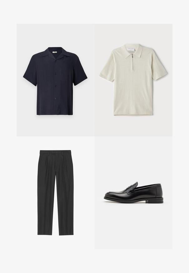 Korte mouw, knoopsluiting overhemd in donker marineblauw, gemaakt van een gladde stof. Beschikt over een kraag, vijf knopen aan de voorkant en een ontspannen pasvorm.; Korte mouwen polo in lichtbeige met een ritskraag. Gemaakt van gladde stof, voorzien van een eenvoudig, modern ontwerp zonder patronen.; Zwarte geplisseerde broeken van een soepele stof; voorzien van een tailleband met riemlussen en een recht gesneden pijp. Minimalistisch ontwerp zonder patronen.; Zwarte leren instappers met een gladde textuur, ronde neus en een decoratieve band over de wreef. Lage, gestapelde hak en minimalistisch ontwerp.