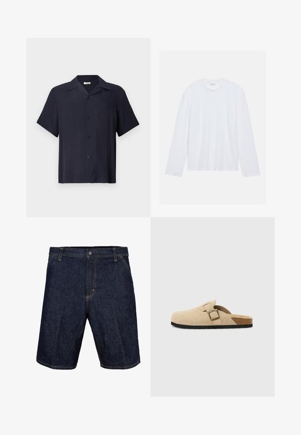 Camicia a maniche corte, con bottoni, di colore blu scuro, realizzata in tessuto lucido. Presenta un colletto, cinque bottoni sulla parte anteriore e una vestibilità comoda.; T-shirt bianco a maniche lunghe realizzato in cotone. Presenta un classico collo a giro e cuciture delle spalle abbassate, con una texture liscia e uniforme.; Shorts in denim blu scuro con cuciture gialle, dotati di bottone frontale, passanti per cintura e tasche laterali. Texture liscia, design fino al ginocchio.; Zoccoli beige in suede con piede in sughero, punta rotonda e una semplice fascia con una fibbia dorata. Suola in gomma per una buona aderenza.