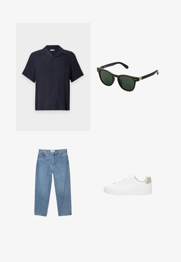 Rövid ujjú, gombos ing sötét tengerészkék színben, sima anyagból készült. Széles gallérral, az elején öt gombbal és laza szabással rendelkezik.; Világoskék farmernadrág, egyenes szárú fazonnal, öt zsebes kialakítással és látható márkás címkével a derekán.; Fehér sportcipők sima bőrből készült felsőrészével és kerek orrával. Jellemzője a világosbarna velúr sarkú sapka, lapos fűzők és fehér gumitalp.; Fekete matt keretű napszemüveg, sötétzöld lencsékkel, arany díszítésekkel és két kis dekoratív pöttyel az elülső részén. Karcsú szárakkal.