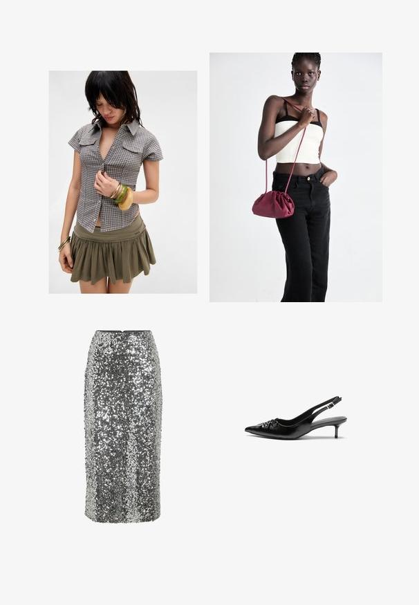 Korte mouwen, geruit overhemd in grijs en marineblauw met borstzakken; gecombineerd met een groene rok en meerdere gestapelde armbanden.; Zilveren pailletten kokerrok met een nauwsluitend ontwerp, kniehoogte en een gladde textuur. Voorzien van een onzichtbare ritssluiting aan de achterkant.; Zwarte leren slingback hakken met een spitse neus, kleine kittenhak en een decoratieve knoopdetail aan de voorkant. Smooth textuur overal.; Bordeaux zachte stoffen handtas met een geplooid ontwerp en een lange schouderband, crossbody gedragen. Model draagt een witte crop top en zwarte jeans.