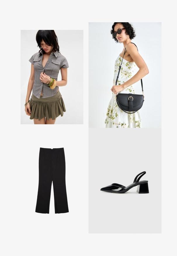 Krátky rukáv, kostkovaná košeľa na gombíky v sivej a námorníckej modrej s náprsníkovými vreckami; skombinovaná so zelenou sukňou a viacerými naskladanými náramkami.; Čierne nohavice so strihom rovného strihu, s prednými vreckami a bočnými rozparkami na leme. Vyrobené z mäkkej, hladkej tkaniny. Vhodné na rôzne príležitosti.; Čierne lakované kožené sandálové podpätky s špicatou špičkou a geometrickým blokovým podpätkom. Disponujú elegantným, minimalistickým dizajnom a hladkým povrchom.; Čierna kožená kabelka s zaobleným tvarom, odnímateľným popruhom a zlatými doplnkami. Kabelka má klopu s detailom s prackou.