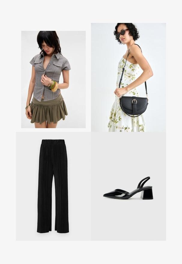 Short-sleeve, plaid button-up shirt in gray and navy with chest pockets; paired with a green skirt and multiple stacked bracelets.; Black pleated trousers with an elastic waistband. Features wide legs and a smooth, textured fabric with vertical stripes.; Black patent leather slingback heels with a pointed toe and a geometric block heel. Features a sleek, minimal design and smooth texture.; Black leather handbag with a curved shape, detachable strap, and gold hardware. The bag features a flap with a buckle detail.