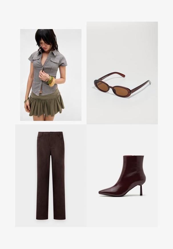 Koszula z krótkim rękawem, w kratę, w odcieniach szaro-niebieskich, z kieszeniami na piersi; zestawiona z zieloną spódnicą i wieloma nałożonymi bransoletkami.; Proste nogawki, ciemno-brązowe spodnie z zamszu z zapięciem na guzik i zamek błyskawiczny, szlufkami na pasek oraz kieszeniami bocznymi.; Burgundowe lakierowane botki za kostkę z ostrym noskiem i smukłym obcasem w szpilkę, charakteryzujące się gładką, błyszczącą teksturą i minimalistycznym designem.; Okrągłe, brązowe okulary przeciwsłoneczne z błyszczącą bordową oprawą. Cienkie ramiona z subtelnym detalem marki. Płaski kształt soczewek.; Torebka w kolorze burgundowym, pleciona, o zaokrąglonym kształcie i pojedynczym uchwycie, z teksturowaną powierzchnią oraz elastycznym zaciąganym zapięciem.