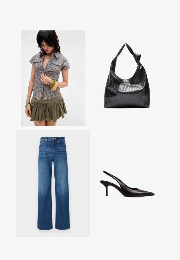 Camicia a maniche corte a quadri grigia e blu marino con taschini sul petto; abbinata a una gonna verde e a più braccialetti impilati.; Mother THE LASSO SNEAK - Jeans baggy - dark blue denim; NA-KD Decolleté - black; Borsa a mano in pelle intrecciata nera con un design morbido, dotata di una tracolla annodata e di un piccolo chiodo decorativo in oro nella parte superiore.