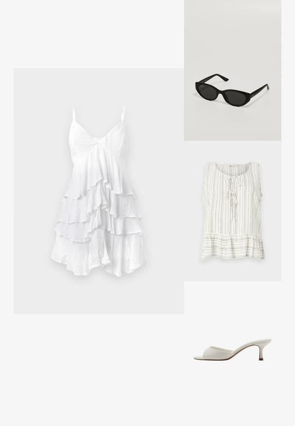 Bezrzynkowa bluzka z lnu w kolorze białym z cienkimi brązowymi pionowymi paskami. Posiada okrągły dekolt, wiązanie z przodu oraz detal w postaci peplum na dole.; Biała sukienka bez rękawów z falbanami, wykonana z lekkiego materiału z wzorami dziurkowanymi i delikatną teksturą. Projekt w kształcie litery V.; Białe, otwarte na palcach mule na wysokim obcasie o gładkim wykończeniu, minimalistycznym designie i smukłym obcasie, z subtelnym brązowym akcentem na podeszwie.; Czarne okulary przeciwsłoneczne o wąskim, kocim kształcie. Wykonane z gładkiego plastiku, z ciemnymi soczewkami i subtelnymi akcentami logo na zausznikach.