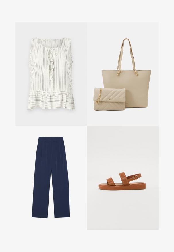 Bezruká ľanová blúzka v bielej farbe s tenkými hnedými vertikálnymi pruhmi. Má okrúhly výstrih, viazanie vpredu a detaily v štýle peplum na spodnej časti.; Námornícky modré nohavice s širokými nohavicami vyrobené z mäkkej tkaniny, s prednými skladmi, hladkou štruktúrou a rovnými siluetami bez viditeľných vreciek.; Hnedé kožené sandále s dvoma širokými remienkami a zadným remienkom, s plochou podrážkou a jemným prešívaním a kovovou prackou.; Bežová taška na plece s plochými uchami, hladkým povrchom a zlatými kovovými detailami, doplnená zladenou prešívanou kabelkou s reťazovou rukoväťou.