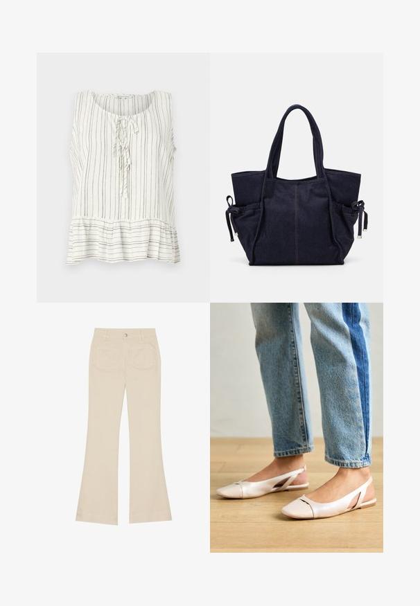 Bežbretna lanena bluzica u bijeloj boji s tankim smeškim vertikalnim prugama. Ima okrugli izrez, vezanje sprijeda i detalj peplum kroja na donjem rubu.; Bež široke hlače s visokim strukom, izrađene od pamučne tkanine. Imaju prednje i stražnje džepove, petlje za remen i jedan srebrni gumb.; Svijetlo ružičaste slingback balerinke s šiljastim vrhom, izrađene od glatkog materijala nalik koži. Sadrže izrezane detalje sa strane i ravnu petu.; Becksöndergaard LAUREL BAG - Velika torba - naval academy blue