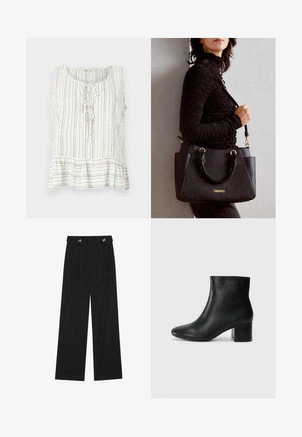 Sleeveless linen blouse in white with thin brown vertical stripes. Features a round neckline, a tie front, and a peplum hem detail.; Black wide-leg trousers with high waist, button details on waistband, and front pleats.; Black leather ankle boots with a pointed toe and a chunky heel. Smooth texture with minimal accents and a sleek, fitted design.; Black handbag with textured surface, dual top handles, and adjustable shoulder strap. Features gold-tone hardware and side pockets.
