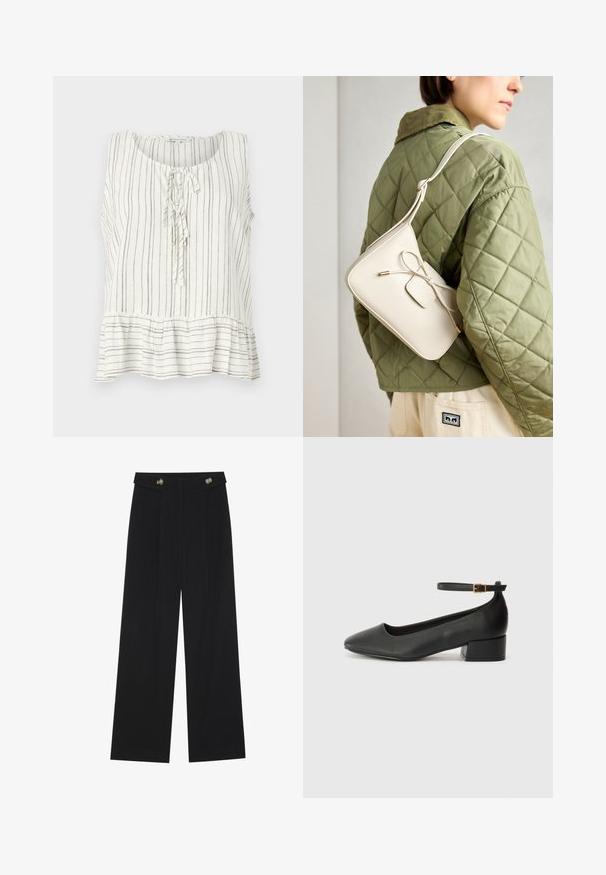 Valge linane ilma varrukateta bluus, millel on õhukesed pruunid vertikaalsed triibud. Omab ümarat kaelust, lipsuga esiosa ja peplumi allääret.; Mustad laiad püksid kõrge vöökoha ja nööpdetailidega vööandil, esikortsudega.; Must mustaapp, millel on terav nina ja madal blokk-kand. Omab pahkluu rihma koos kuldse tooni pandlaga. Sile tekstuur.; Beige nahkristi kott, millel on lipsu detail, kuldne riistvara ja ühekordne reguleeritav rihm, kantud rohelise tikandiga jope kohal.