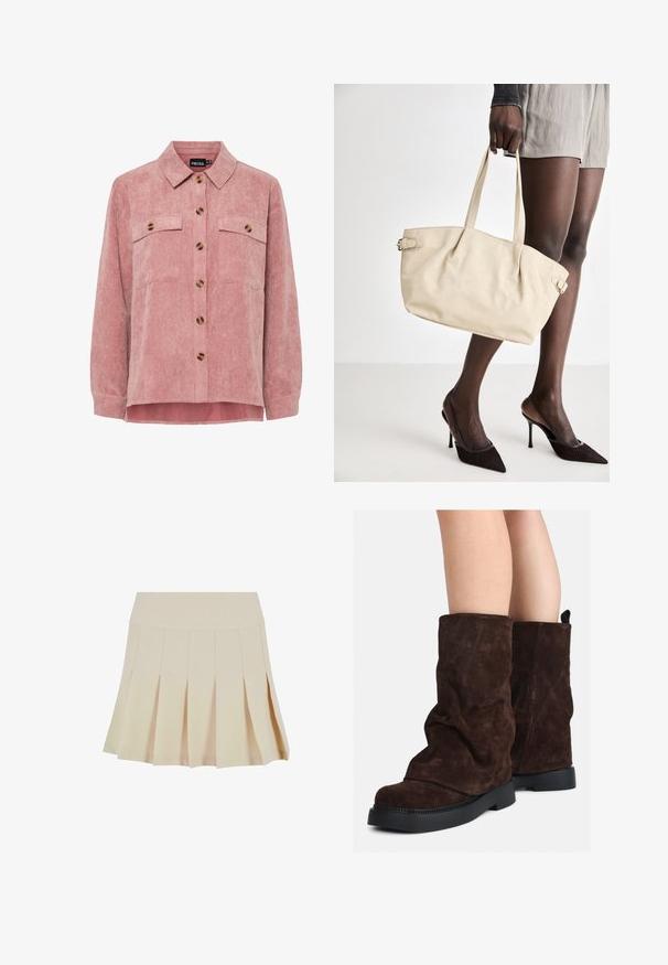 Różowa kurtka koszulowa z sztruksu, z długimi rękawami, dwoma kieszeniami na piersi i brązowymi guzikami. Posiada klasyczny kołnierzyk oraz teksturowany prążkowany materiał.; Beżowa spódnica z fałdami, z dopasowanym paskiem, wykonana z gładkiego materiału. Posiada wiele pionowych fałd i prosty dół.; Brązowe zamszowe botki do połowy łydki z czarnymi gumowymi podeszwami noszone na nagich nogach, z lekkim marszczeniem na cholewkach.; Beżowa torba typu tote o gładkim wykończeniu skórzanym, ze sztywną formą, dwoma uchwytami i bocznymi klamrami. Połączona z eleganckimi czarnymi szpilkami.; Kremowa poduszka na głowę zziębniętym wzorem, zestawiona z beżową i białą koszulą w paski, z okrągłym dekoltem. Subtelne akcenty biżuteryjne.