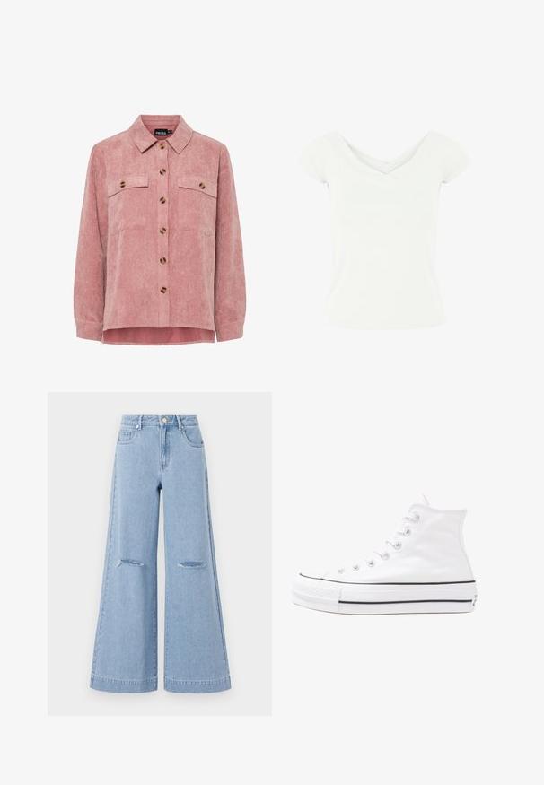 Pink corduroy shirt jacket with long sleeves, two chest pockets, and brown buttons. Features a classic collar and textured ribbed fabric.; White short-sleeve top with a crossover V-neck design, made from a smooth fabric. Features a fitted silhouette and clean hem.; Light blue wide-leg jeans with a high waist, featuring two front pockets and two ripped knee details, crafted from denim material.; White high-top canvas sneaker with black rubber sole, front rubber toe cap, and six eyelets for laces, featuring a clean, minimalist design.