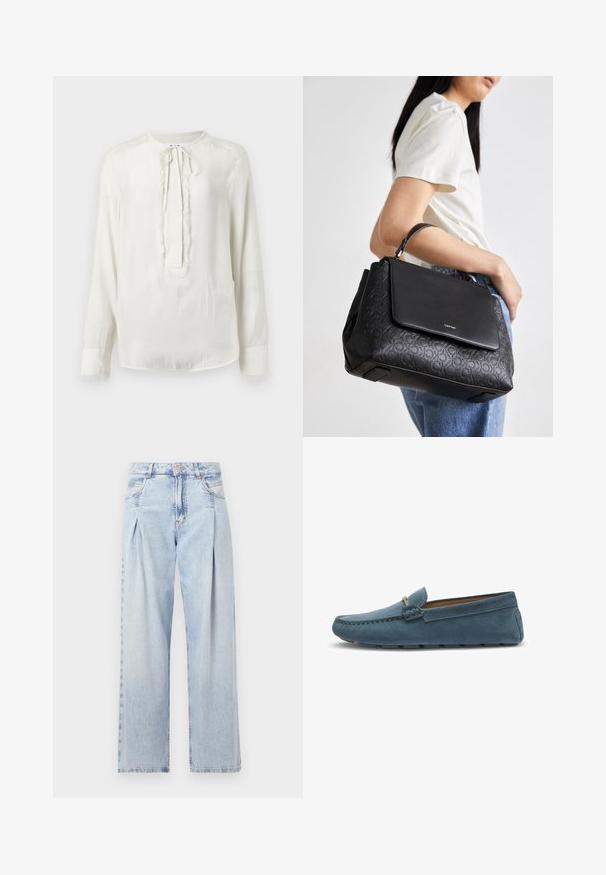 Weiße Langarmbluse mit runder Ausschnitt und Bindeschluss. Hat eine strukturierte Borte entlang der Vorderseite und an den Ärmelabschlüssen. Glattes Stofffinish.; Helle blaue Denim-Jeans mit hoher Taille, weitem Beinschnitt, zwei seitlichen Taschen und gefaltetem Design. Weiche Textur mit einem ausgebleichten Finish.; Blaue Wildleder-Slipper mit flacher Sohle, die an den Kanten mit einer gestickten Gestaltung versehen sind und einen dekorativen Metallelement an der Vorderseite besitzen.; Calvin Klein MUST TOP HANDLE MONO - Handtasche - black