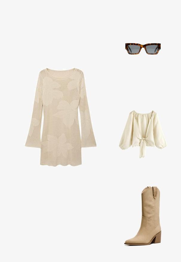 Svetlo bež bluzica iz lahkega materiala, z globokim V-izrezom, napihnjenimi rokavi in zavezovanjem spredaj. Gladka tekstura.; Bež pleteni pulover z dolgimi rokavi in širokim ovratnikom, okrašen z velikimi vzorci listov in mrežasto teksturo. Poudarjen z razširjenimi rokavi.; Bershka HIGH-HEEL - Škornji v kavbojskem/motorističnem slogu - beige; Želve očala s angularnimi okvirji, sivi leči in gladko površino. Imajo drzen geometrijski dizajn in debele tempeljne.