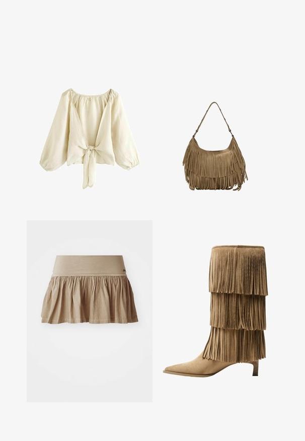 Bluză bej deschisă, confecționată dintr-un material ușor, cu decolteu adânc în V, mâneci bufante și închidere cu fundă în față. Textură fină.; Fustă din bumbac bej, cu margine gathered, având un brâu elastic lat. Material ușor, cu o textură moale și un design casual.; Botine cu fringuri până la gleznă, din suede crem, cu trei straturi de fringuri. Vârf ascuțit și toc mic. Textură netedă pe întreaga suprafață.; Geantă de umăr din nubuc maro, cu detalii lungi din franjuri, de formă curbată și cu un singur mâner. Prezintă o suprafață netedă, texturată.