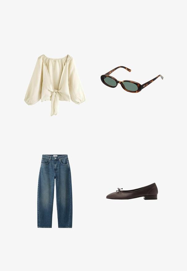 Blusa beige chiaro realizzata in tessuto leggero, con scollatura a V profonda, maniche a sbuffo e chiusura a fiocco sul davanti. Texture liscia.; Jeans in denim blu scuro con gamba dritta, design a cinque tasche e chiusura con bottone classica. Texture morbida con leggera scoloritura.; Ballerina in pelle marrone con punta arrotondata e tacco a blocco piccolo. Presenta un sottile fiocco sul davanti e dettagli di cucitura discreti.; Occhiali da sole tartarugati con montatura ovale e lenti verdi. Presentano aste sottili con un accento metallico vicino alle cerniere.; Borsa a tracolla gialla intrecciata con manico curvo e forma non strutturata. La superficie testurizzata presenta un motivo a incrocio.